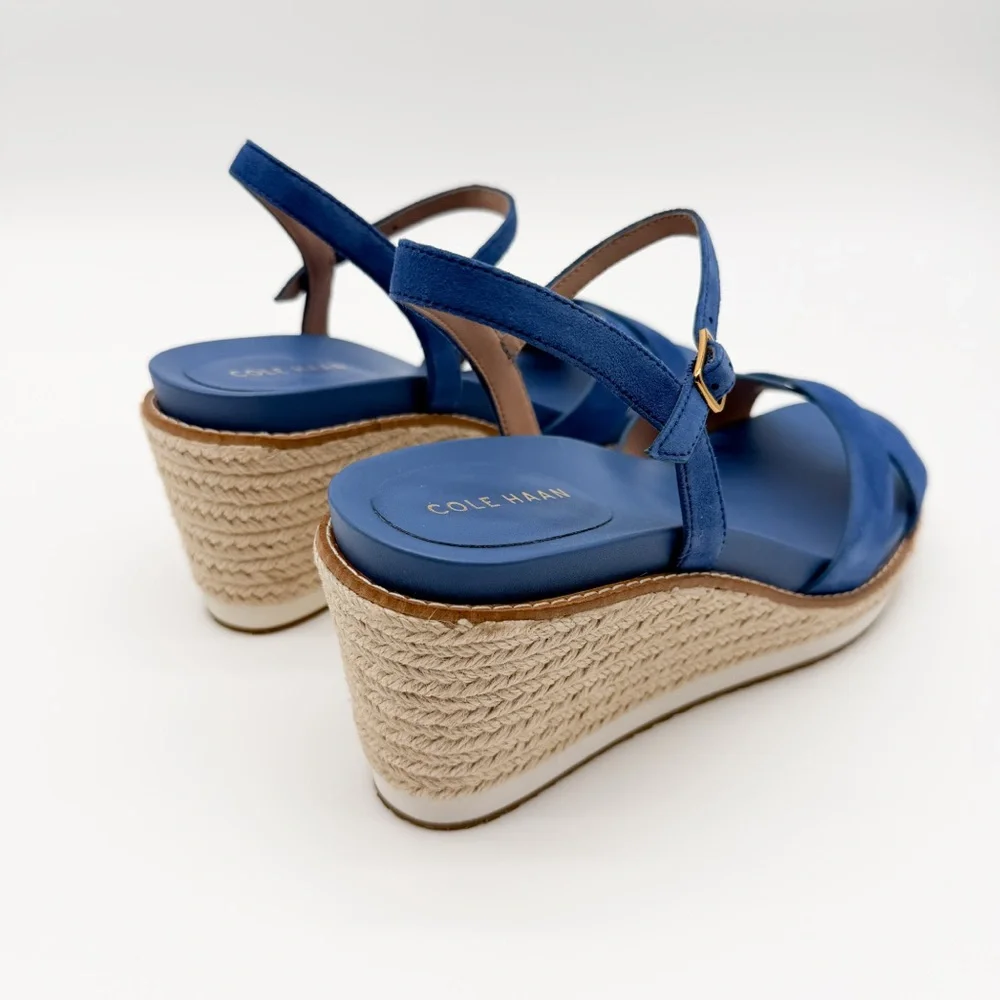Cole Haan Cloudfeel Silvee Espadrille Wedge Suede Sandals Comfort Blue 8.5 NEW